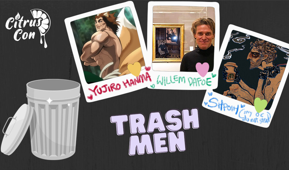Trash men Yujiro Hanma (fox boy flavor), Willem Dafoe in front of a phot of willem dafoe in front of a painting of willem dafoe, and a drawing of my senspai oc Basile 💖
